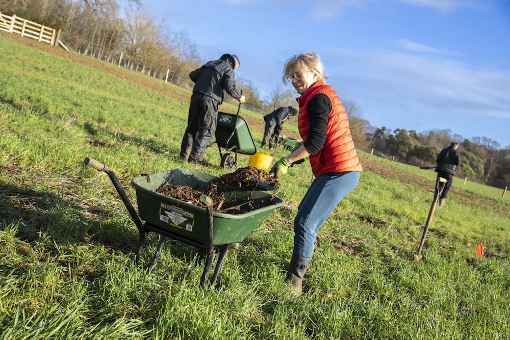 One person in the foreground is using a shovel to fill a green wheelbarrow with soil or compost.